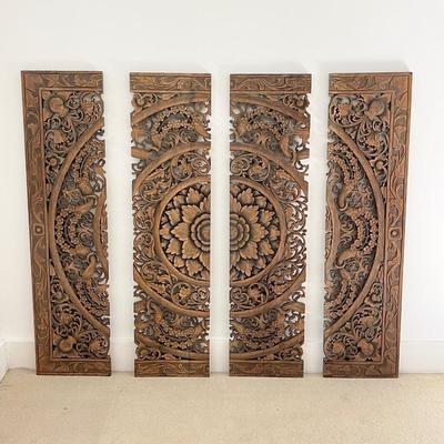 Large Carved Wood Four Panel Bohemian Wall Decor