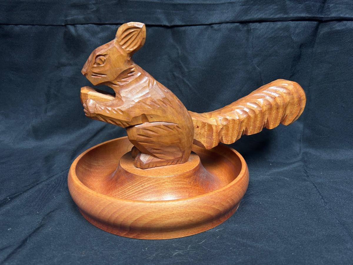Vintage Made in Germany Carved Wood Nut Dish with Squirrel Shaped
