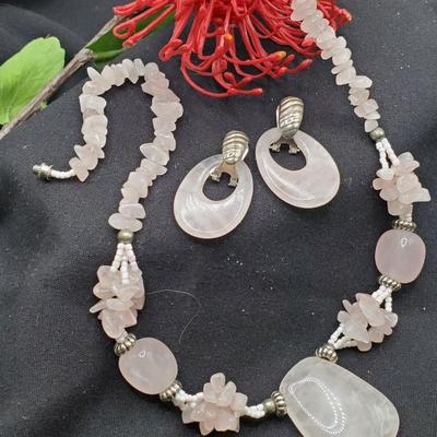 Pink jade with beads Necklace and Earrings