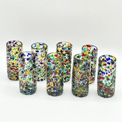 Handblown Mexican Confetti Shot Glasses ~ Set Of Eight (8)