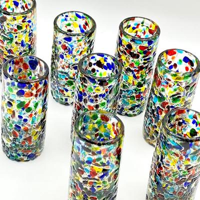 Handblown Mexican Confetti Shot Glasses ~ Set Of Eight (8)