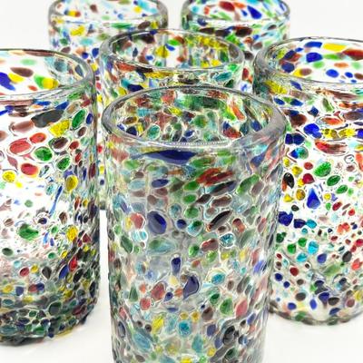 Handblown Mexican Confetti Water Glasses ~ Set Of Six (6)