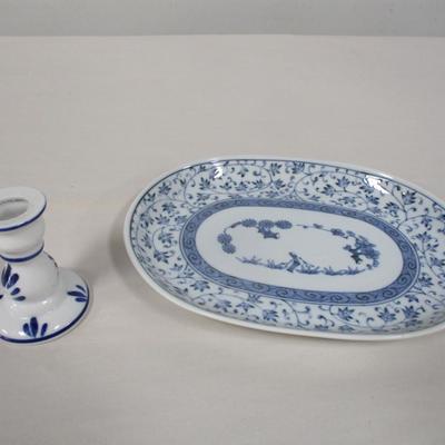 Blue & White Small Platter & Candlestick Holder