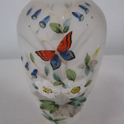 Hand Painted Butterfly and Flowers Opaque Glass Vase