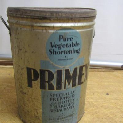 Large, Antique Primex Brand Shortening Can- Fifty Pound Size (12 1/2