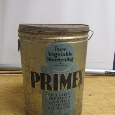 Large, Antique Primex Brand Shortening Can- Fifty Pound Size (12 1/2