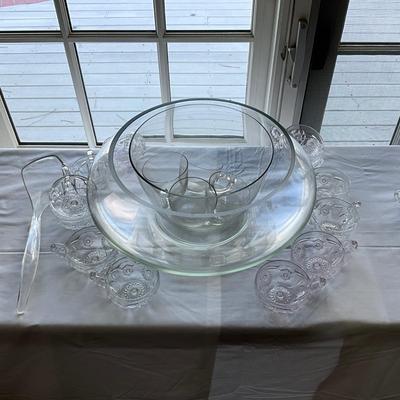 K1526 Two Clear Glass Punch Bowls with Cups