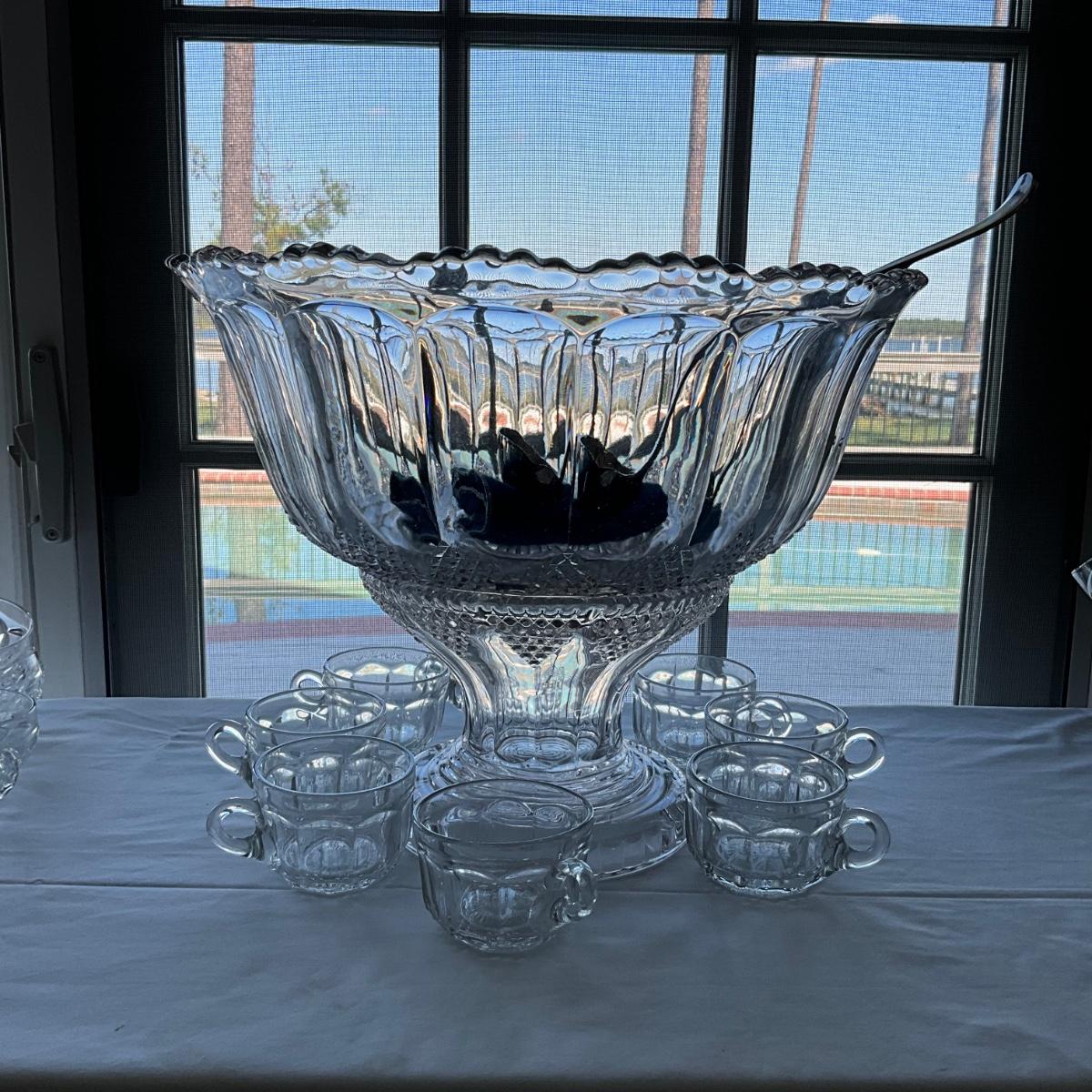 LR1527 Large Pressed Glass Punch Bowl with Cups and Ladle