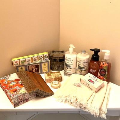 LR1540 Lot of Various English Handsoaps, Hand-towel, Brass Box