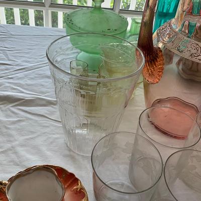 DR1543 Lot of Antique Depression Glass and China Cups and Saucers