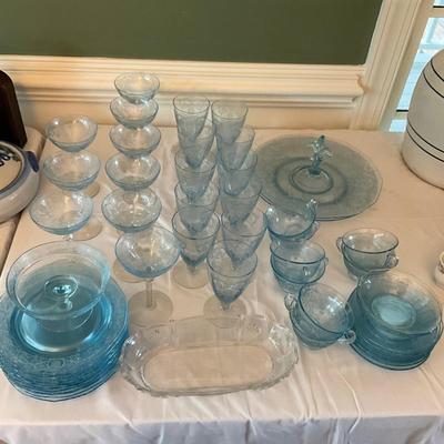 DR1549 Large Lot of Blue Fostoria Versailles Stemware and Dishes