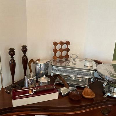 DR1556 Aluminum Chafing Dishes, Personna Carving Fork, Wooden Candlesticks, Tivets, Picquot Tea Set