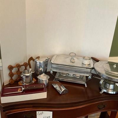 DR1556 Aluminum Chafing Dishes, Personna Carving Fork, Wooden Candlesticks, Tivets, Picquot Tea Set