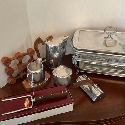 DR1556 Aluminum Chafing Dishes, Personna Carving Fork, Wooden Candlesticks, Tivets, Picquot Tea Set
