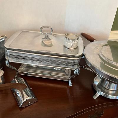DR1556 Aluminum Chafing Dishes, Personna Carving Fork, Wooden Candlesticks, Tivets, Picquot Tea Set