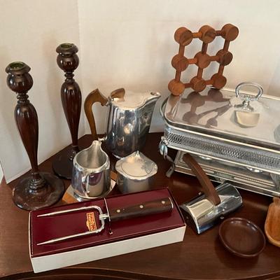 DR1556 Aluminum Chafing Dishes, Personna Carving Fork, Wooden Candlesticks, Tivets, Picquot Tea Set