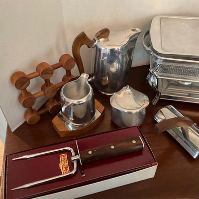 DR1556 Aluminum Chafing Dishes, Personna Carving Fork, Wooden Candlesticks, Tivets, Picquot Tea Set
