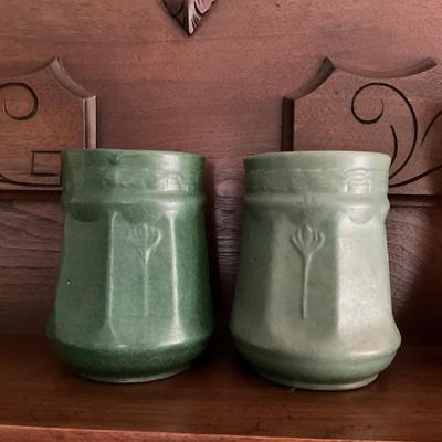 DR1558 PAIR Zanesville Arts & Craft Matt Green Vase