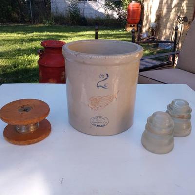 #2 RED WING CROCK, INSULATORS AND A WOODEN WIRE SPOOL