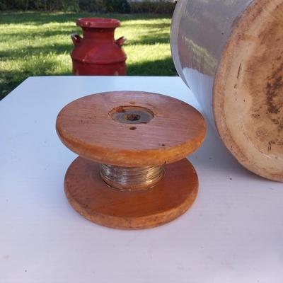 #2 RED WING CROCK, INSULATORS AND A WOODEN WIRE SPOOL