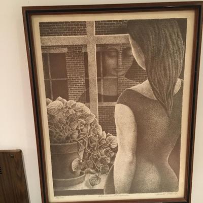 Vintage Lithograph signed by Gerald Adams Titled "Woman and Begonias"