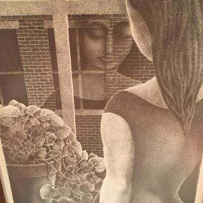 Vintage Lithograph signed by Gerald Adams Titled "Woman and Begonias"