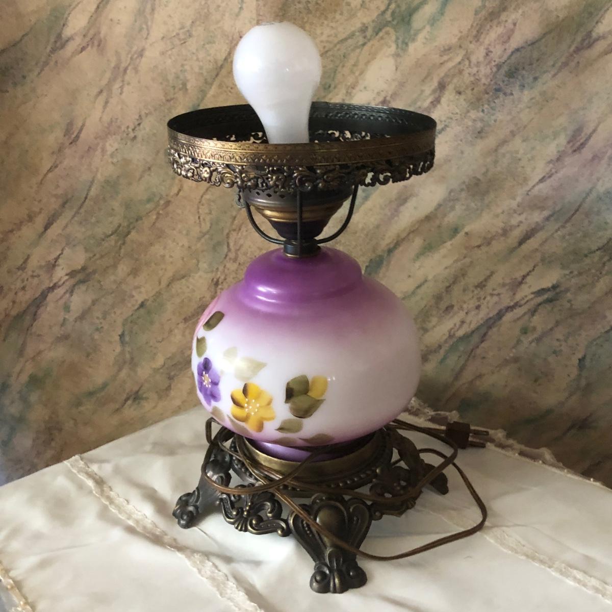 LOT 152L: Vintage Purple Glass Electric Hurricane Lamp w/ Painted Flowers |  EstateSales.org