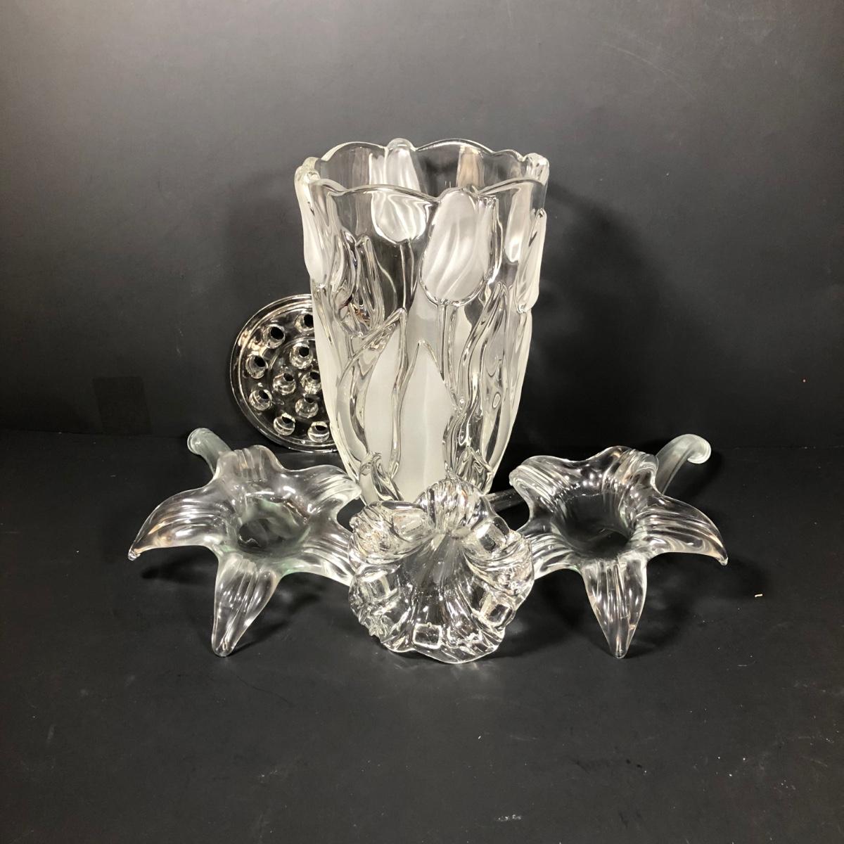 LOT 157L Mikasa Crystal Tulip Vase, Clear Glass Flower Frog w/ Glass