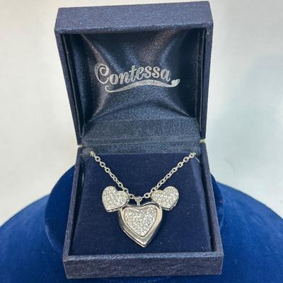 Silver Tone Rhinestone Covered Heart Shaped Locket Necklace with Matching Earrings