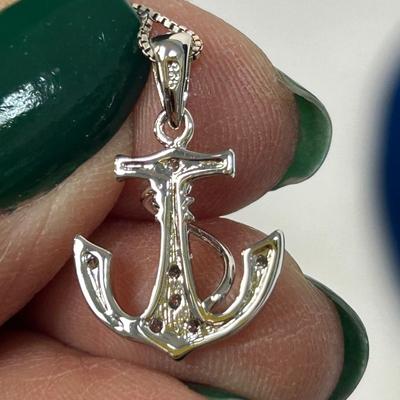 Sterling Silver 925 Ships Anchor Nautical Fashion Necklace with Rhinestone Accents