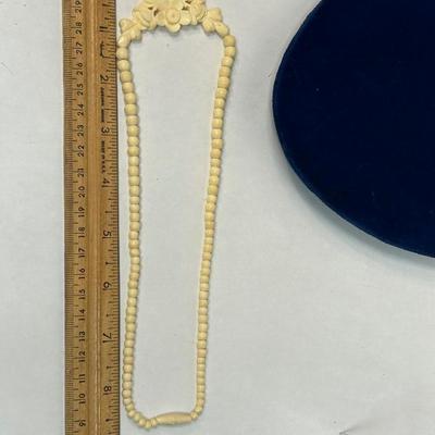 Vintage Carved Bone Horn Beaded Necklace with Floral Flower Centerpiece