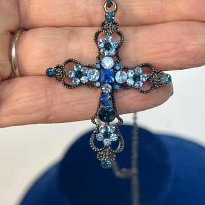 Blue Rhinestone Cross Pendant Necklace Dark Metal Setting
