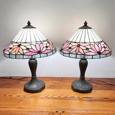 Pair (2) ~ 20â€ Floral Tiffany Style Slag Glass Lamp ~ With Metal Base