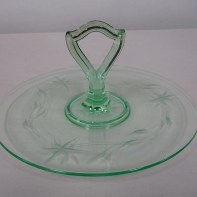 Vintage Green Vaseline/Uranium Glass Handled Platter Sandwich Tray