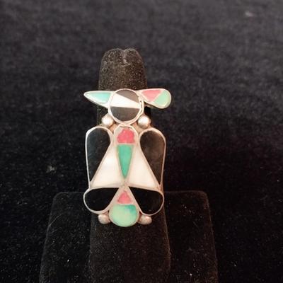 ZUNI STERLING THUNDERBIRD RING WITH INLAY STONES