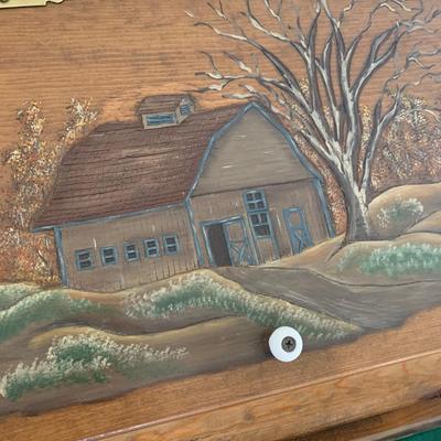 Wood Carved Bread Box Country Scene Embossed