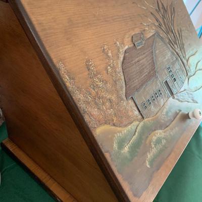 Wood Carved Bread Box Country Scene Embossed
