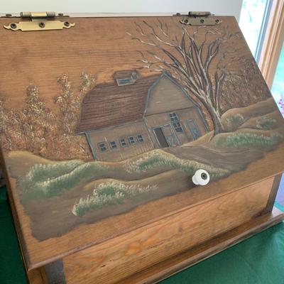 Wood Carved Bread Box Country Scene Embossed