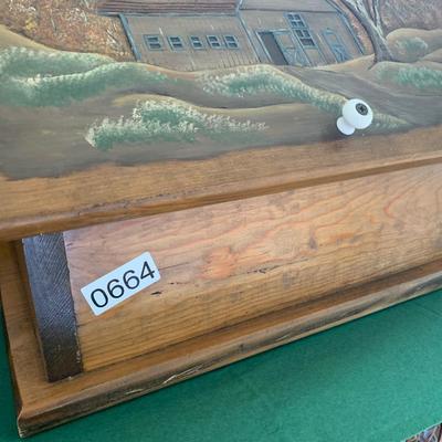 Wood Carved Bread Box Country Scene Embossed