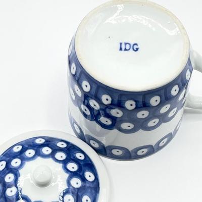 IDG ~ Williams Sonoma ~ Peacock Diamonds Four (4) Mugs With Lids & Four (4) Fruit/Dessert Bowls