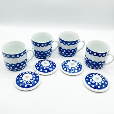 IDG ~ Williams Sonoma ~ Peacock Diamonds Four (4) Mugs With Lids & Four (4) Fruit/Dessert Bowls
