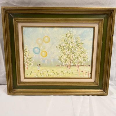 Whimsical Oil Painting Signed â€˜Scottâ€™ Girl With Balloons (B1-RG)