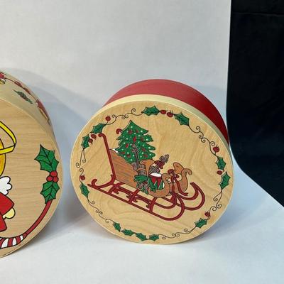 Set of Three Christmas Holiday Theme Painted Balsa Wood Boxes Containers Nesting