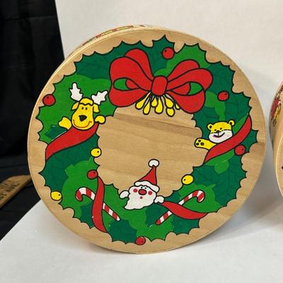 Set of Three Christmas Holiday Theme Painted Balsa Wood Boxes Containers Nesting