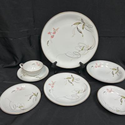 Vintage RC Royal China Noritake Japan Service for 12 China Set with Serving Pieces Pink Flower Black Swirl