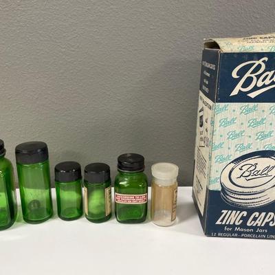 Green medicine bottles and Ball zinc caps