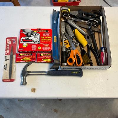 S1637 Lot of Tools, Pliers, Scissors, Stapler, Box Cutters, Hammer and more