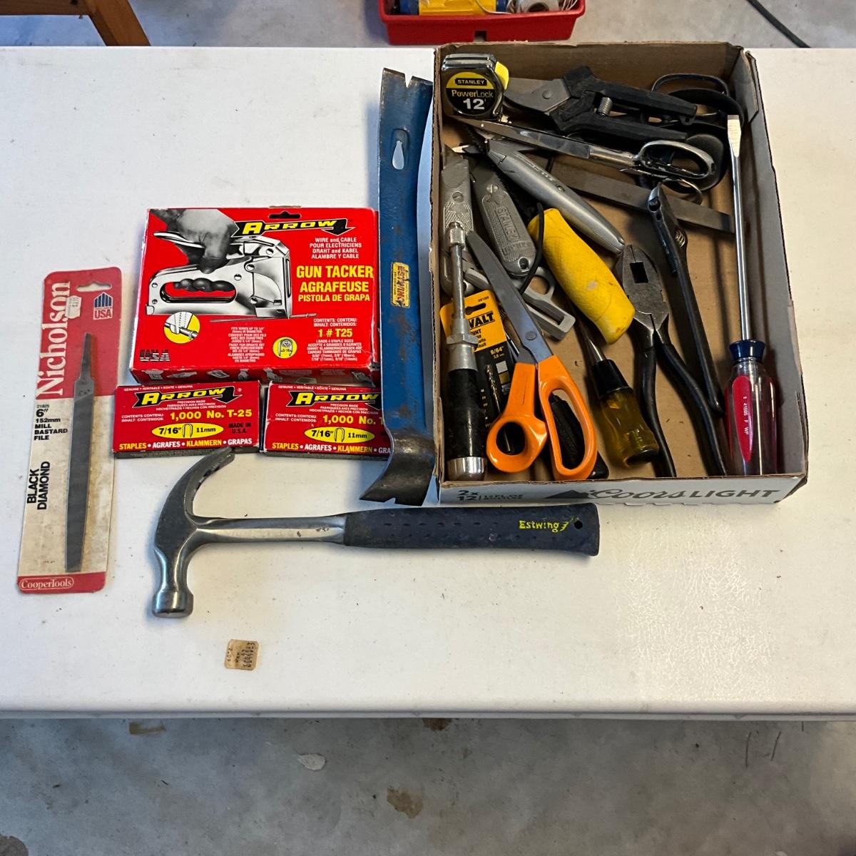 S1637 Lot of Tools, Pliers, Scissors, Stapler, Box Cutters, Hammer and