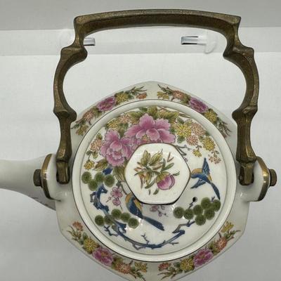 HOMCO Vintage Hand Painted Japanese Porcelain Teapot w/ Brass Handle