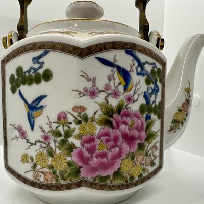 HOMCO Vintage Hand Painted Japanese Porcelain Teapot w/ Brass Handle